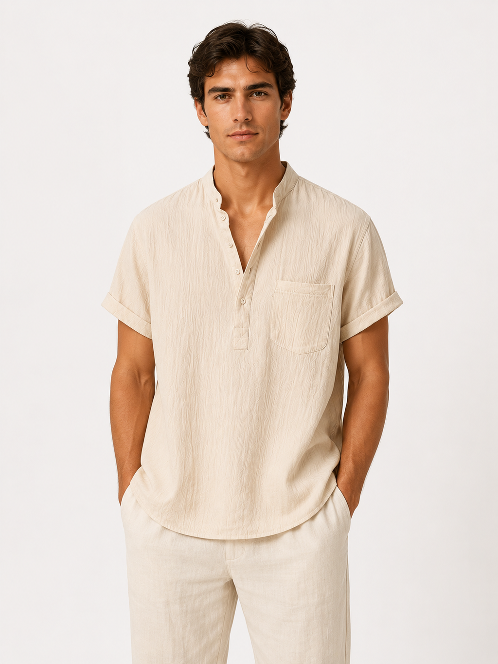 Camisa de Lino/Algodón Hombre — Cuello Henley