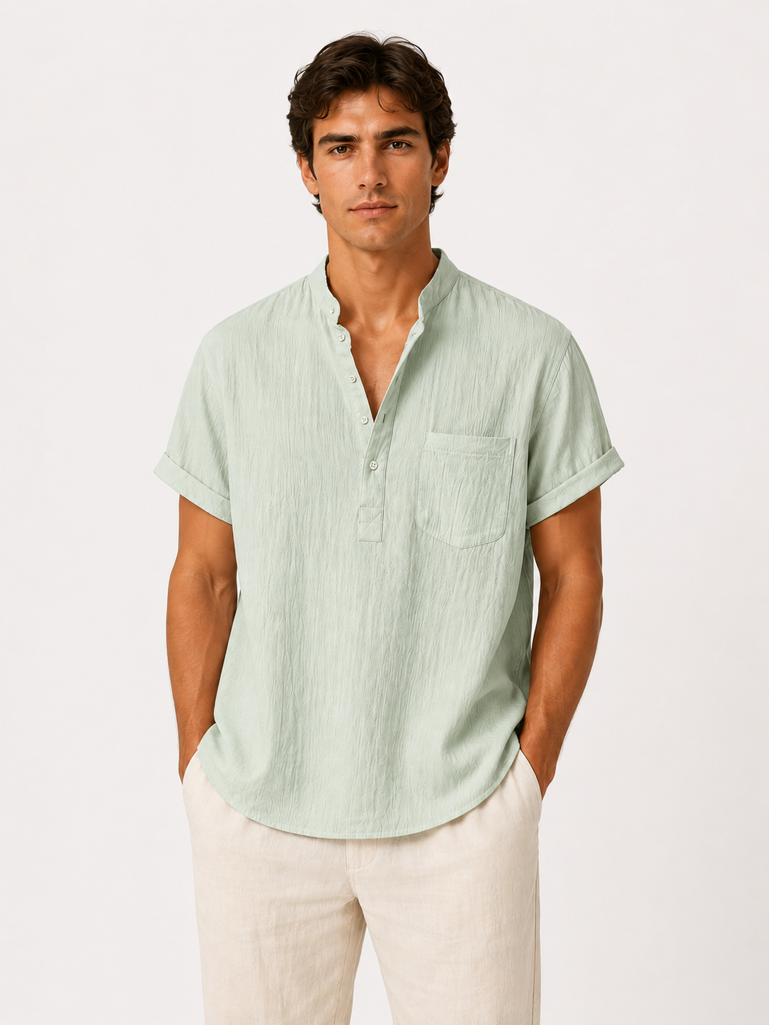 Camisa de Lino/Algodón Hombre — Cuello Henley