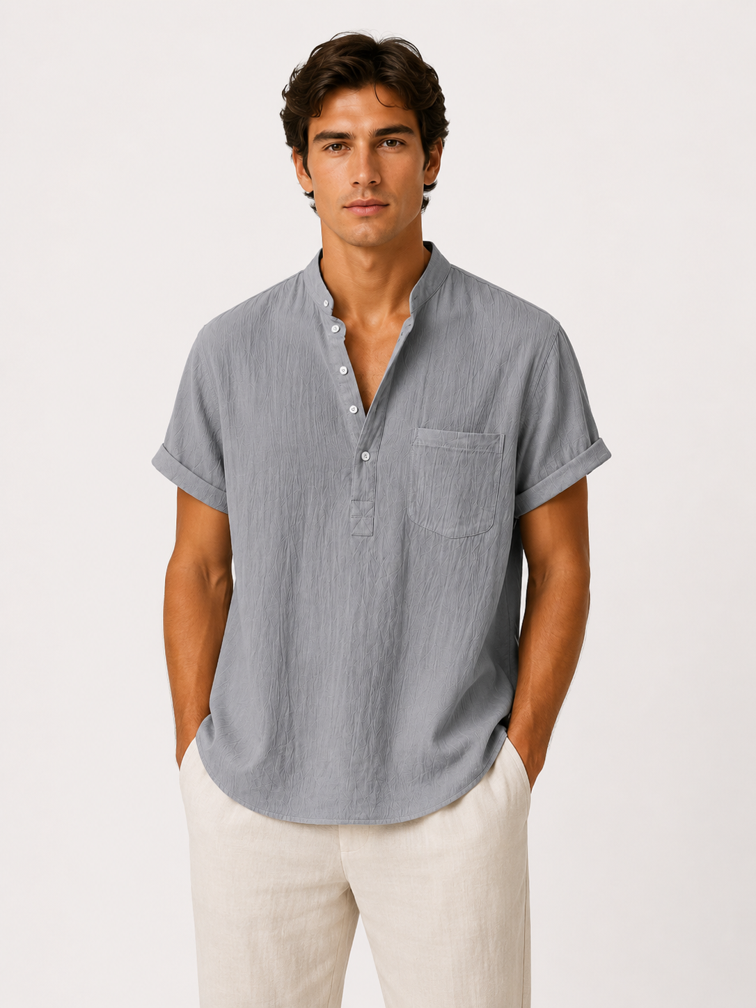 Camisa de Lino/Algodón Hombre — Cuello Henley