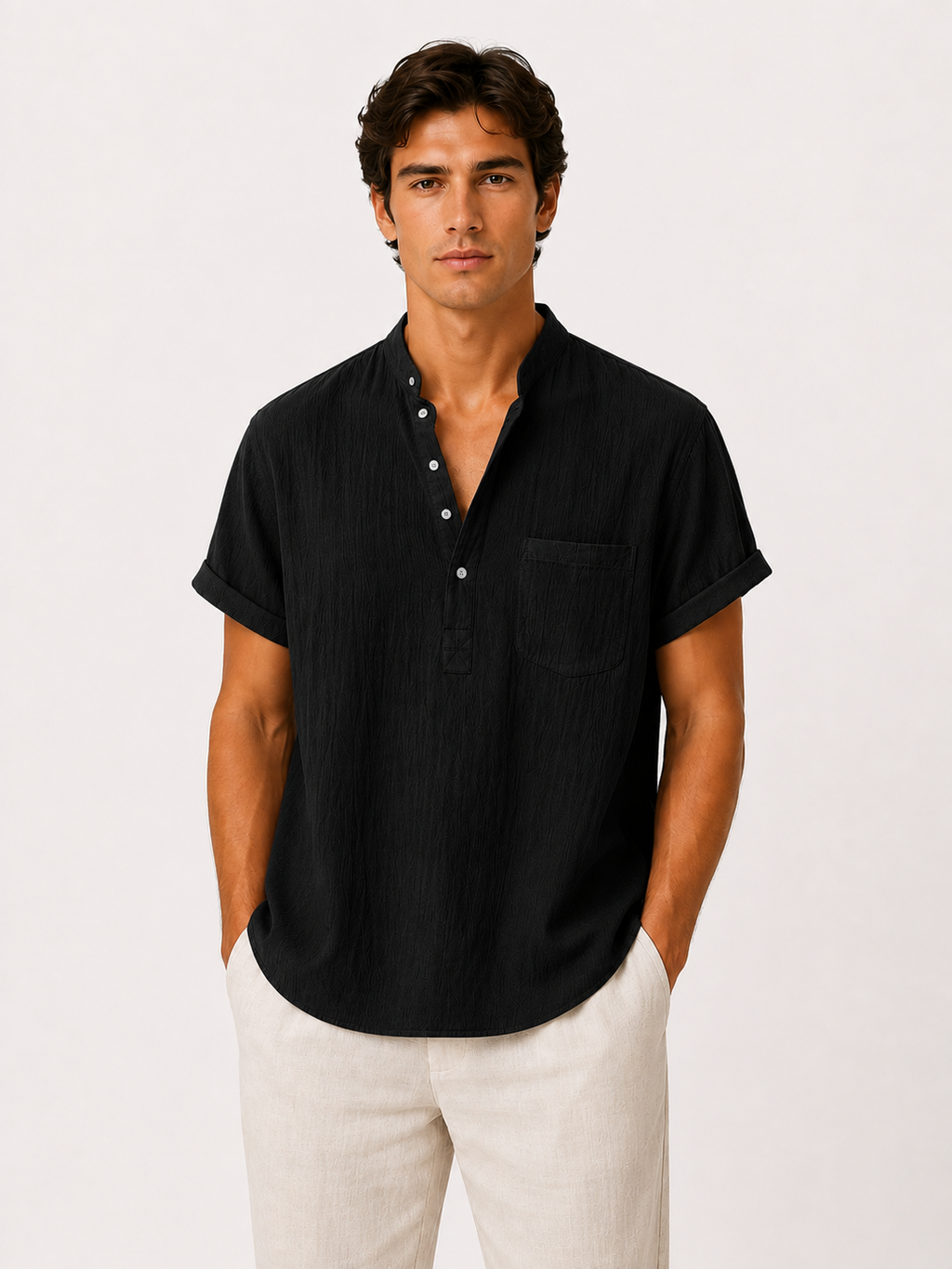 Camisa de Lino/Algodón Hombre — Cuello Henley
