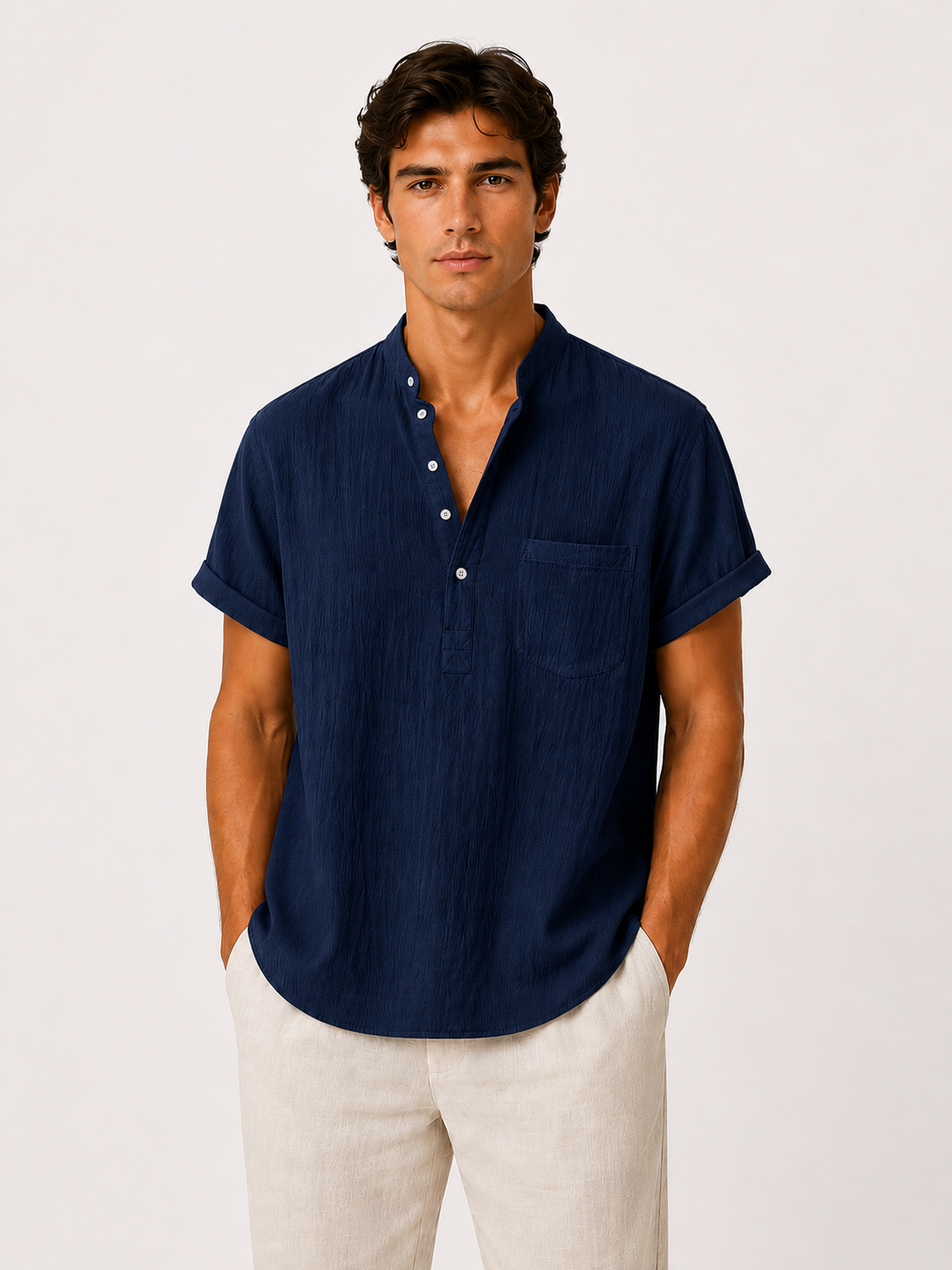 Camisa de Lino/Algodón Hombre — Cuello Henley