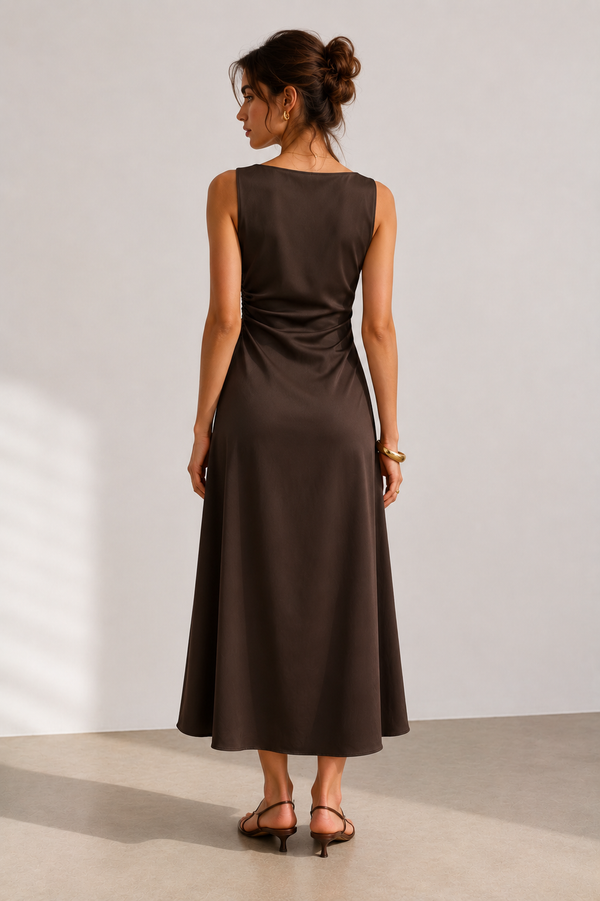 Vestido Midi Satinado Beige para Mujer | Corte Entallado Elegante, Escote Drapeado y Caída Fluida