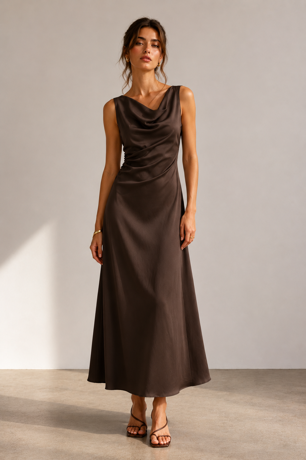 Vestido Midi Satinado Beige para Mujer | Corte Entallado Elegante, Escote Drapeado y Caída Fluida