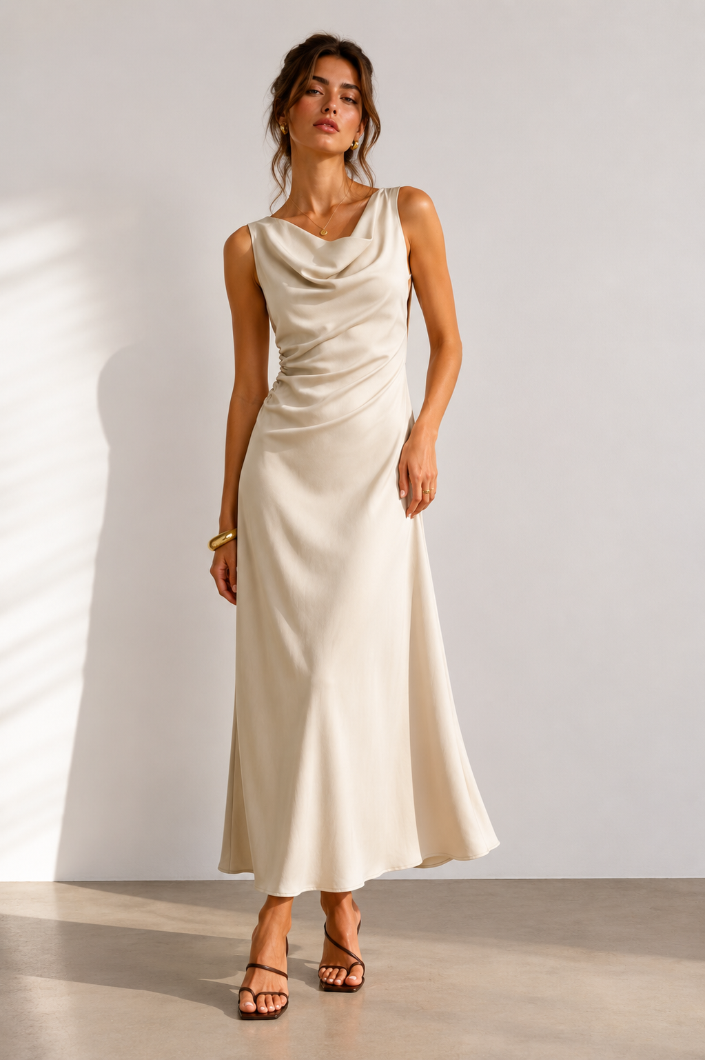 Vestido Midi Satinado Beige para Mujer | Corte Entallado Elegante, Escote Drapeado y Caída Fluida