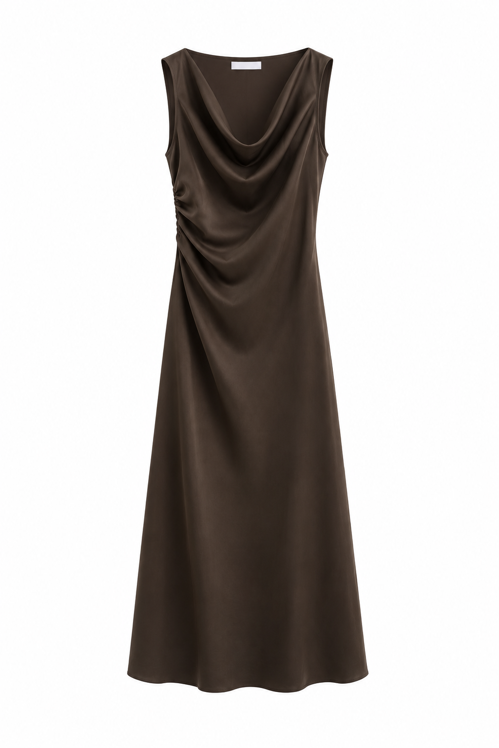 Vestido Midi Satinado Beige para Mujer | Corte Entallado Elegante, Escote Drapeado y Caída Fluida