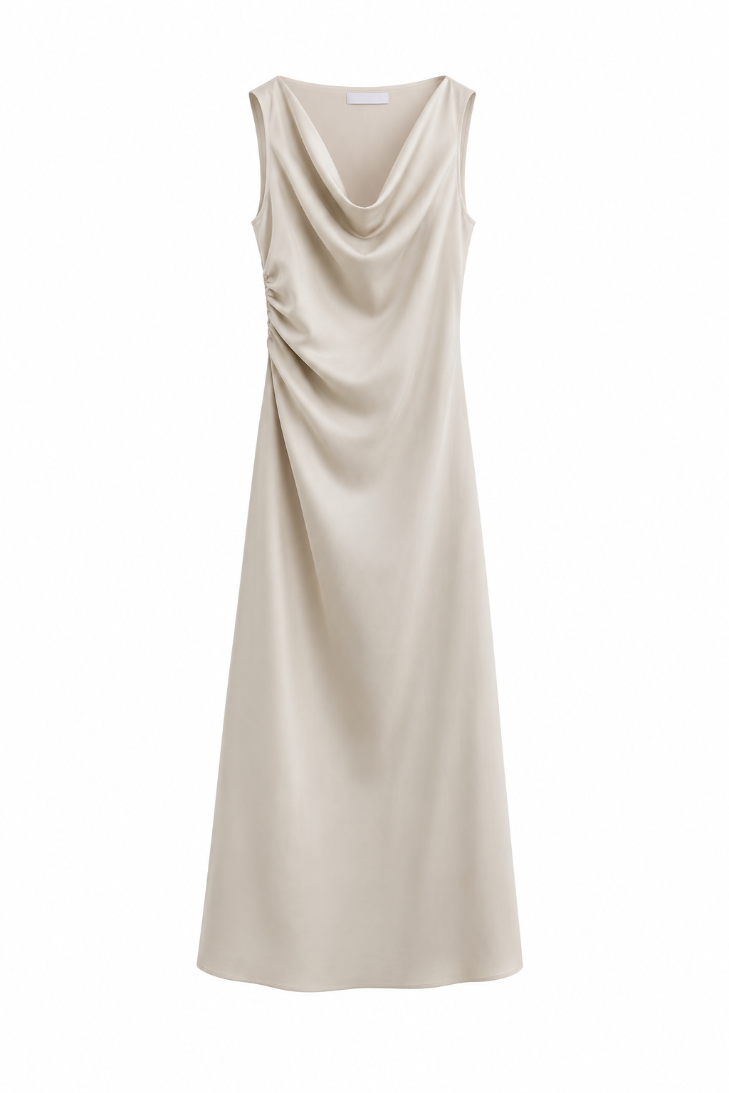 Vestido Midi Satinado Beige para Mujer | Corte Entallado Elegante, Escote Drapeado y Caída Fluida