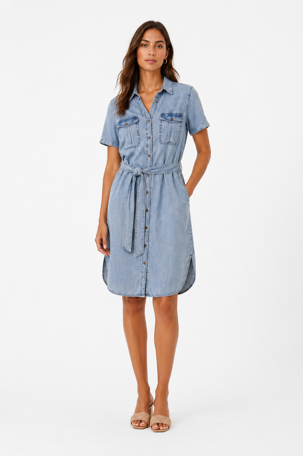 Vestido Vaquero Lavado Mujer con Cinturón y Bolsillos Vintage