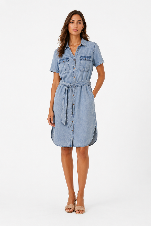 Vestido Vaquero Lavado Mujer con Cinturón y Bolsillos Vintage