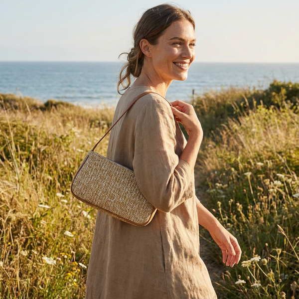 Luna | Bolso Baguette Mujer Con Rafia Trenzada Y Asa de Piel | Veraniego