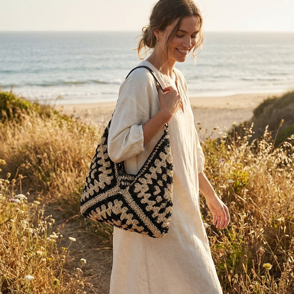 Luna | Bolso Tote Mujer Con Crochet Artesanal Y Diseño Bicolor | Boho Chic