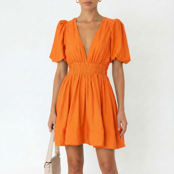 Luna | Mujer Vestido Mini Con Mangas Abullonadas Y Escote En V | Romántico