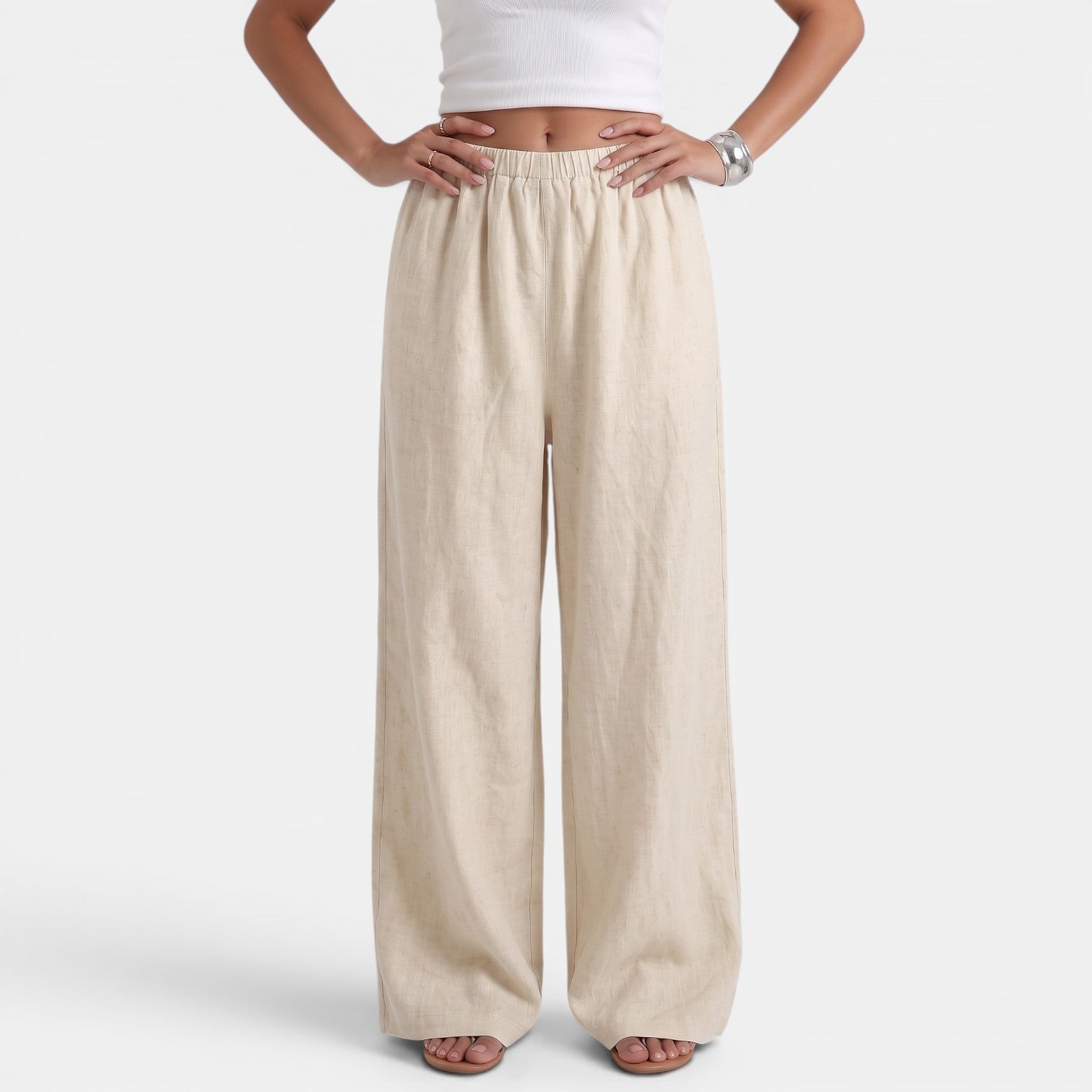Pantalón Ancho Mujer Lino Algodón Verano